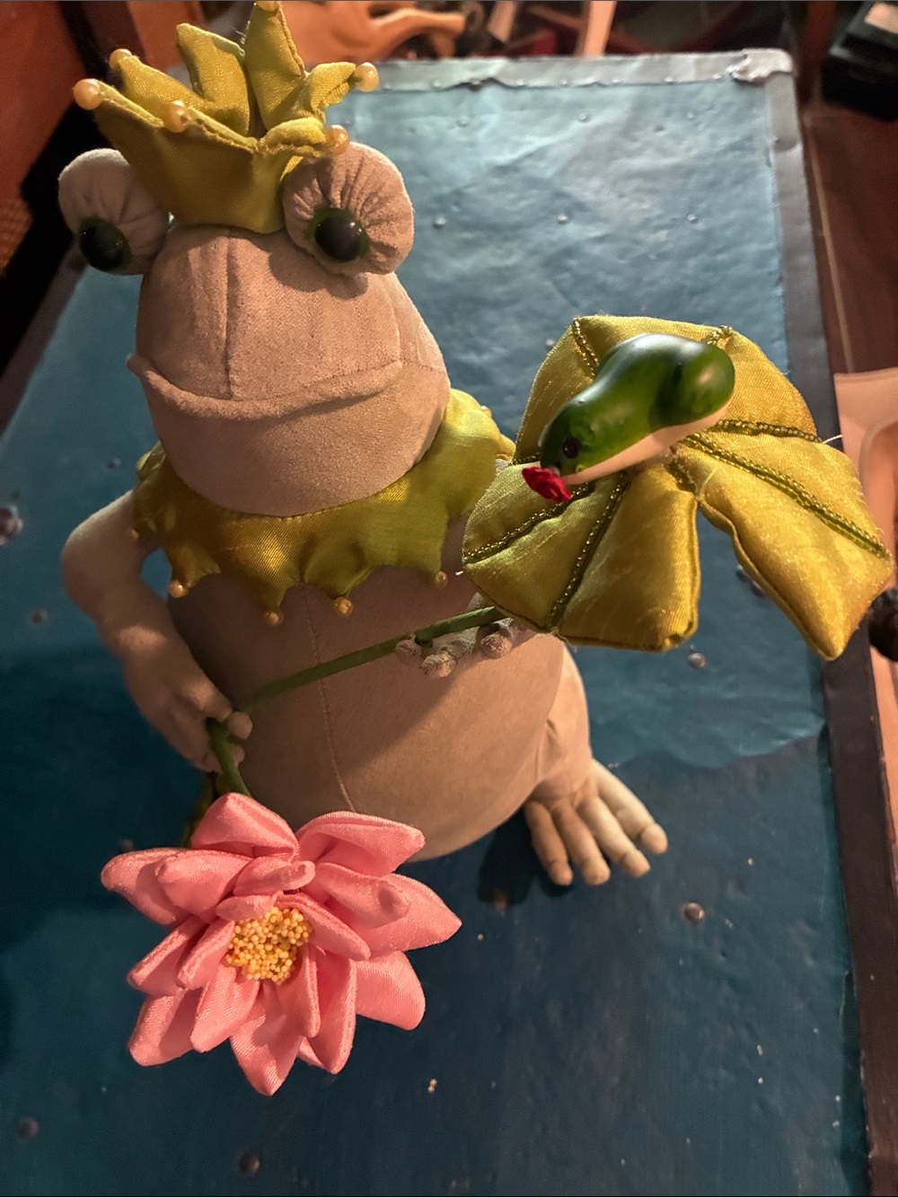 Frog Prince Reptile Stuffed Decor in Green with Pink Lily - Picture 3 of 14